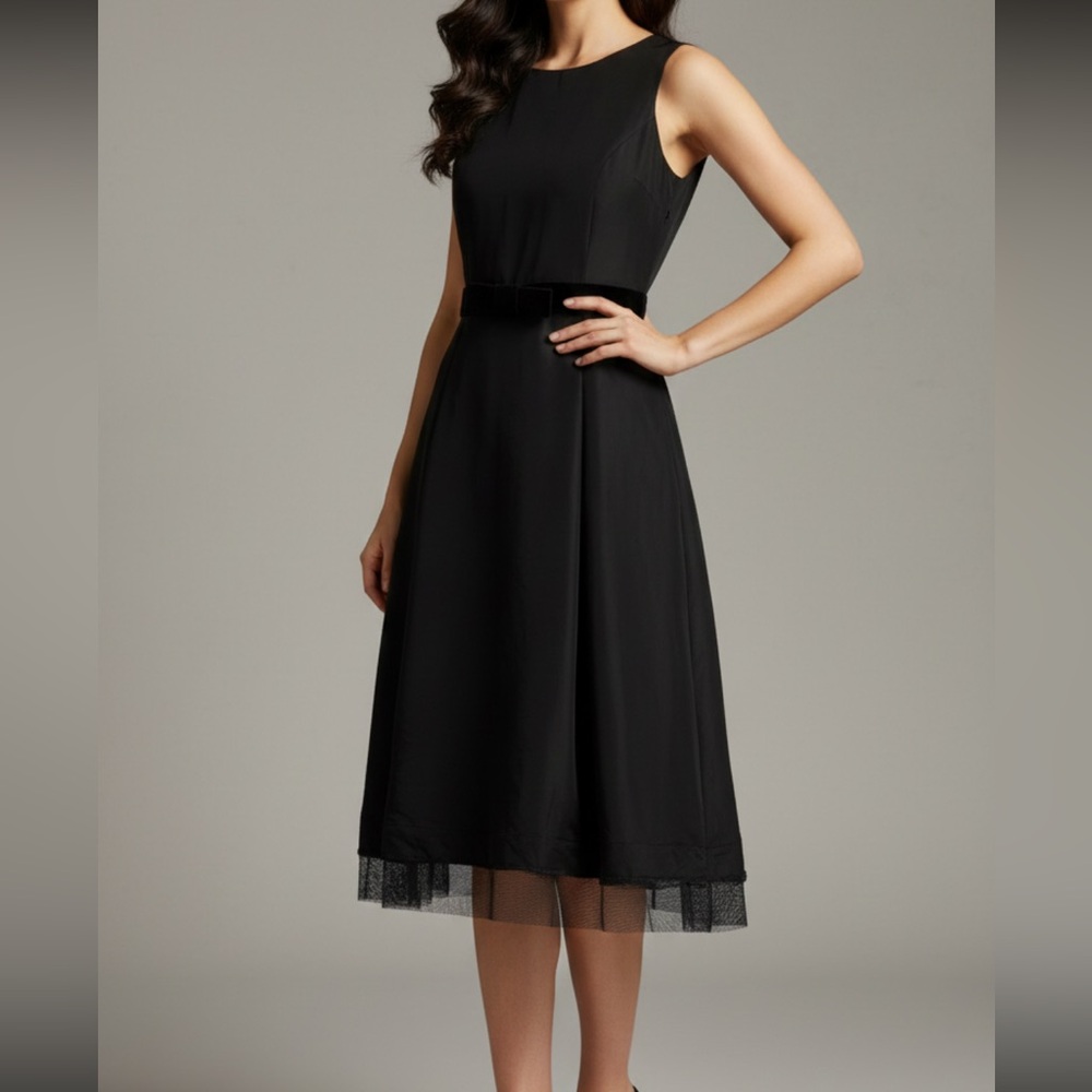 ZARA Women Black Sleeveless Midi Dress Bow Belt US 6 Made in Spain
